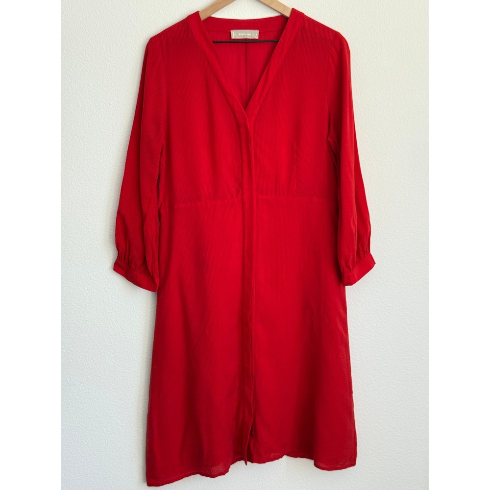 Everlane Red Cupro V-Neck Midi Dress Size 8 Long Sleeve Minimalist Chic Classic